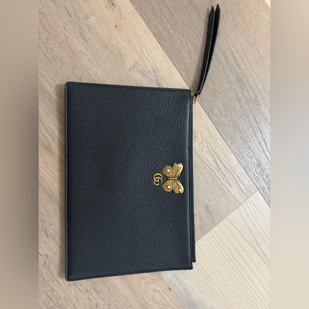 Gucci Black Clutch with Gold Butterfly Accent
